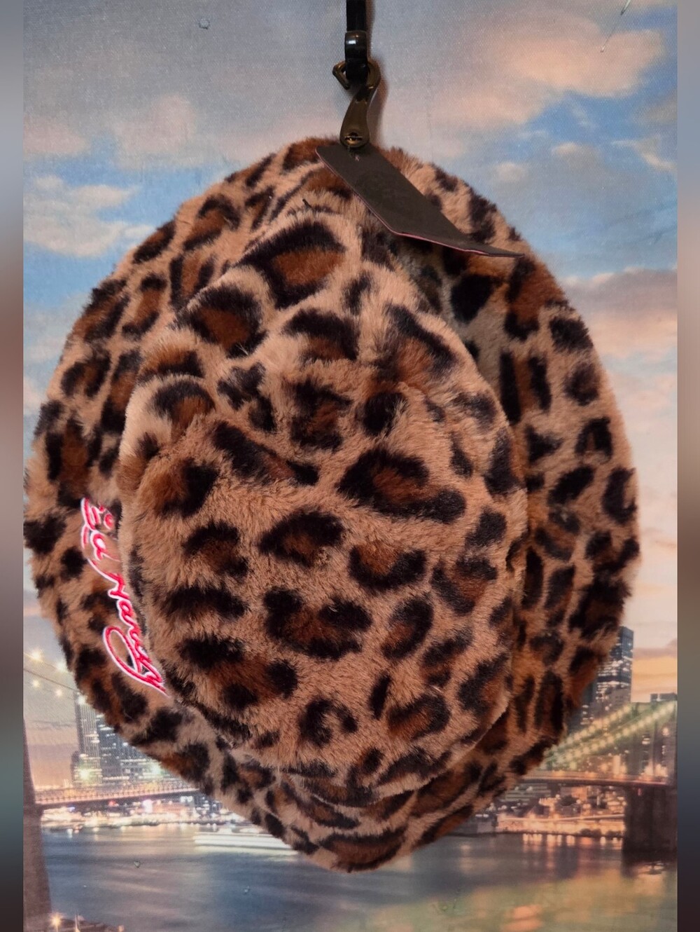 Leopard Faux Fur Hat with Embroidered Skull Patch NWT